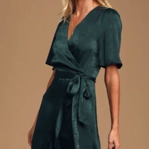 Wrapped Up In Love Dark Green Satin Faux-Wrap Midi Dress